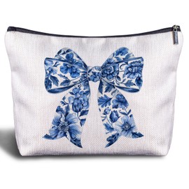 Zomhix Coquette Bow Makeup Bag - Chinoiserie Blue and White Porcelain Cosmetic Bag, Blue Floral Makeup Bag, Girly Makeup Bag, Blue Preppy Zippered Bag for Women