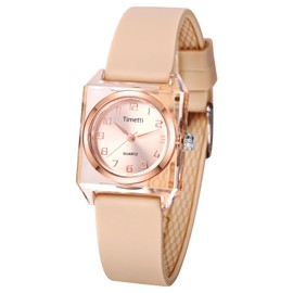 OIDEA Silicone Strap Womens Watch: Fashion Square Analog Quartz Wrist Watch Arabic Numerals Easy Reader Watch Adjustable Ladies Watch, Apricot Color