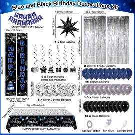 Blue and Black Birthday Decorations for Men Women Boys, Happy Birthday Decorations Banner Balloons Tablecover Fringe Curtain Door Banner Blue Silver, Mens Boy Bday Party Decoration Supplies Decor