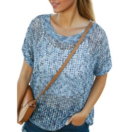 Womens Summer Crochet Tops Short Sleeve Hollow Out Sweater Shirts Colorful Beach Knit Coverup,Colorful Blue,2X