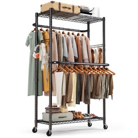 HOKEEPER Clothes Racks 400 LBS Heavy Duty Clothing Racks for Hanging Clothes Adjustable Coat Rack with Wheels & Hooks Freestanding Wire Garment Rack Portable Closet Wardrobe 74.8''H*38.2" W