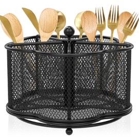 Kitchen Utensil Holder 360° Rotating Metal Mesh Utensil Organizer 5 Compartment Desktop Pencil Caddy Dining Tables Flatware Storage Basket