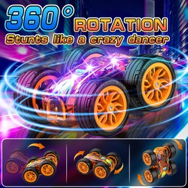 HuToYii Remote Control Car with Cool Light, Fast Double Sided 360° Rotating Stunt RC Car Toys for Boys Ages 4-7 8-12, Birthday Gifts for Kids Boys Girls 3 5 6 7 8 9 10 Year Old (Orange)