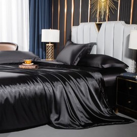 Luofanfei Satin Bettwäsche Schwarz 135x200 Glänzend Einfarbig Bettbezug Set Seide Glatt Luxus Bettwäsche Set Glanzsatin Polyester Einzelbett mit Reissverschluss und Kissenbezug 80x80 cm