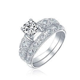 1.5CT Round Silver Cubic Zirconia Colorless CZ Filigree Pave Bezel Wedding Engagement Ring Set