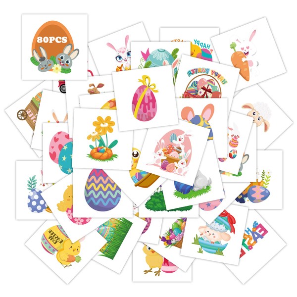 MDDRUIQI Easter Tattoos for Kids - 80 Pack Easter Basket Stuffers for Teens - Tats Stickers for Boys Girls Adults,Kids Easter Decorations Gifts Toys Games Crafts Treats Activities -Goodie Bags Filler