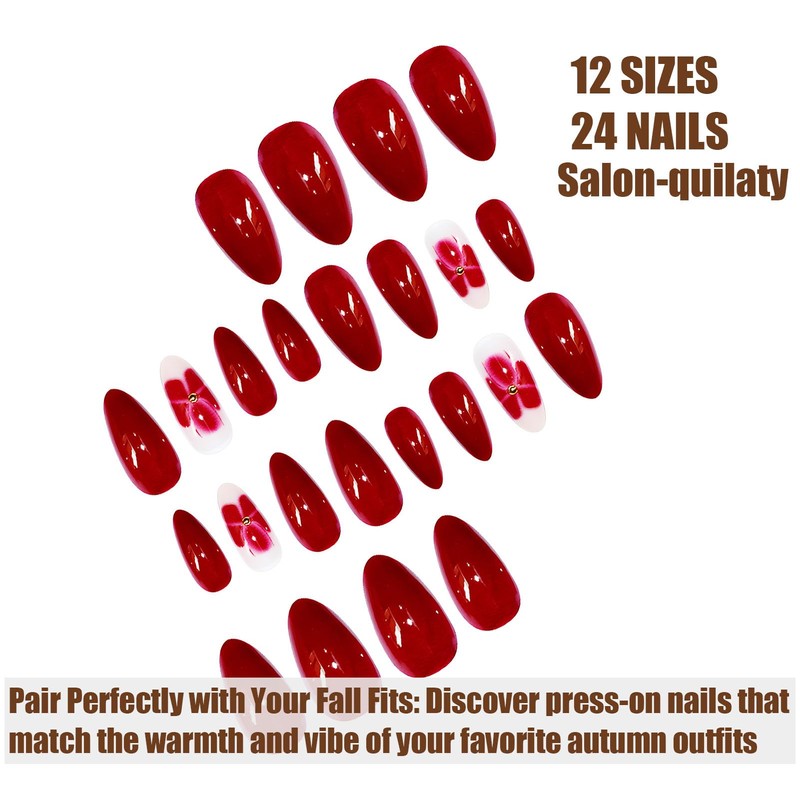 Fall Short Almond Press On Nails Red Nails For Women