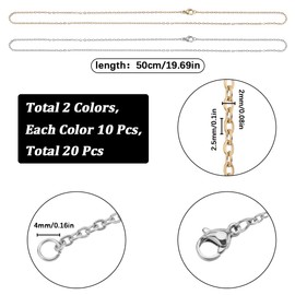 SUNNYCLUE 20 Pack 20 Inch/ 0.5m 2mm Stainless Steel Necklace Chain Bulk Golden Silver Metal Lobster Claw Clasps Chains for Jewelry Making Necklaces Women Craft Adult Supplies