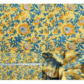 Hand Block Print 100% Cotton Fabric by The Yard PRECUT 1 Yard 42 Inch Width for Dressmaking & Crafting – Soft Quilting Fabric for Sewing (New Gluten Incremental Blue Floral Print, 1 Yard Pre Cut)