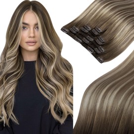 MEI YUAN LIN Balayage Clip In Hair Extensions 18 Inch Ombre Walnut Brown To Ash Brown Mix Light Blonde Human Hair Clip In Extensions Easy To Apply And Suitable For women 120g 7pcs