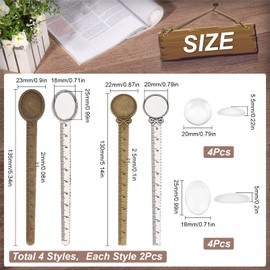 SUNNYCLUE 1 Box 16 Pieces DIY 8 Sets Bookmarks Vintage Style Bookmark Kit Ruler Metal Bookmark Trays Crystal Clear Dome Cabochon Oval Round Empty Floral Pattern Tray for DIY Craft Ha