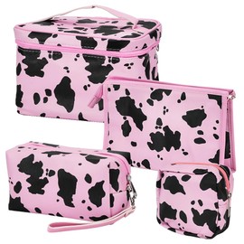Mulaibdin 4 Pack Makeup Bag, Cows Travel Toiletry Bags for Women, Cute Cosmetic Organizer Pouch with Small Make Up Bag Leather Waterproof Handbag (Style2)