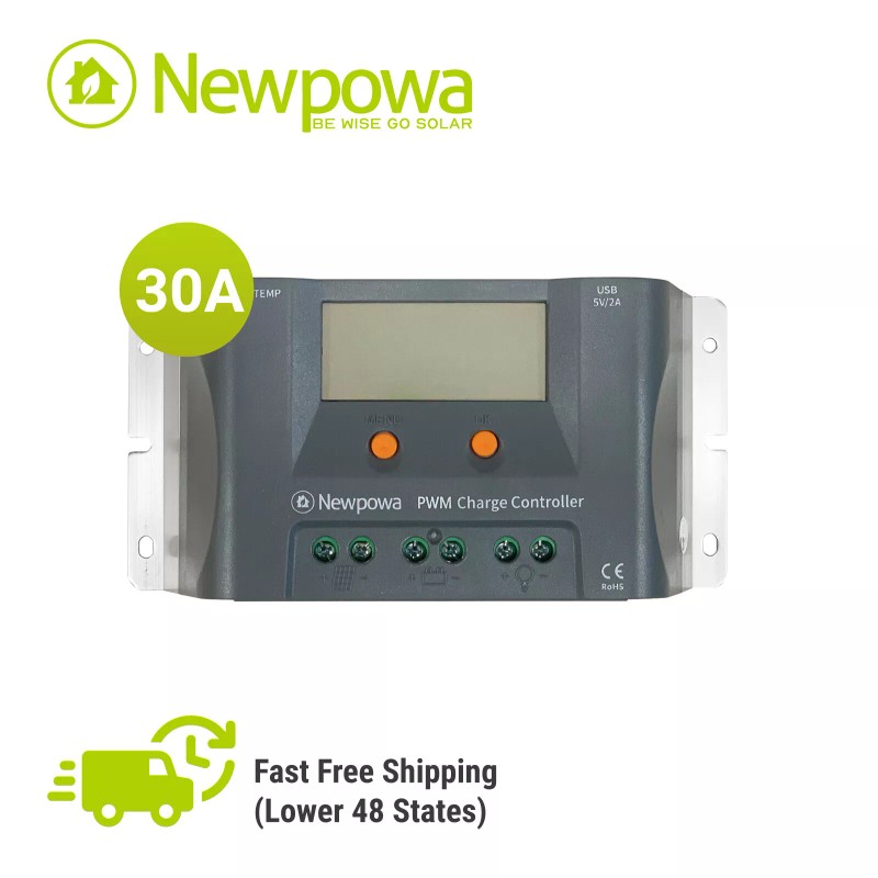 Newpowa 30A 12V/24V PWM Solar Charge Controller Positive Ground LCD