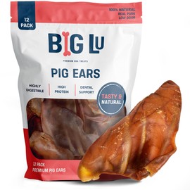 Big Lu – Whole Pig Ears for Dogs, 12 Count, All-Natural Single-Ingredient Pork Treats for Medium and Large Dogs, Easily Digestible, Long-Lasting, Supports Joint Health with Glucosamine and Chondroitin