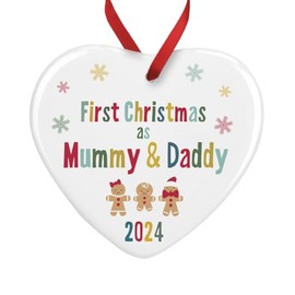First Christmas As Mummy & Daddy Gingerbread Family Heart Bauble Plaque 1st Xmas Tree Decoration (Ceramic)