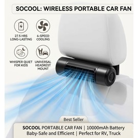 Socool Portable Car Fan with 10000mAh Battery, 27.5-Hour Runtime, 4-Speed Backseat Headrest Cooling Fan for Baby, Kids, RV & Truck