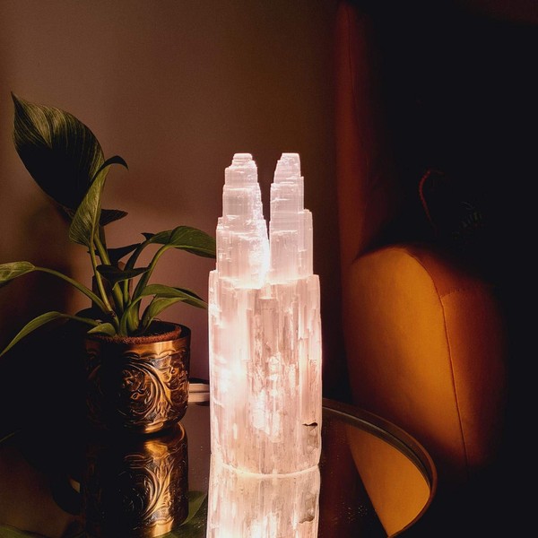 Selenite Large Twin Towers White (25cm, 30cm, 40cm), Selenite Crystal Tower Lamp, Metaphysical, Cleansing, Crystal, Stones, Base, Healing, Meditation, Energy, Home Decor, (25 cm)