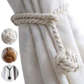 aoozleny Curtain Tiebacks 2 Pack, Curtain Ties, Curtain Holders for Wall Drapes, Curtain Holdbacks, Handwoven Cotton String Tie Ball for Curtains Pull Backs, Curtain Rope Tiebacks (Beige)