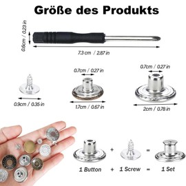 Adjustable Waist Buckle, 20 Pieces Metal Jeans Sewing Buttons, 17mm Nailless Removable Metal Jeans Buttons, Replacement Repair Combination with Thread Rivets and Screwdrivers