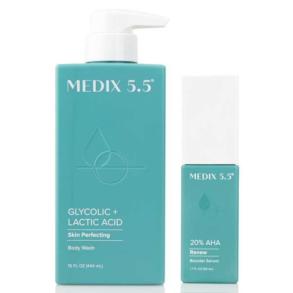 Medix 20% Glycolic Acid Booster + Exfoliating Body Wash Cleanser Skin Care 2PC Set | AHA Exfoliant Body Wash + Body Serum Both Refine + Soften Dead Dry Skin, Bumps, Wrinkles, & Fine Lines, Bundle