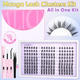 ALICE Manga Lash Clusters Kit Natural Wispy Cluster Eyelash Extension Kit Anime Lash Extension Kit 162pcs Clear Band C-Curly 10-16mm Eyelash Clusters Kit with Lash Glue Bond and Seal