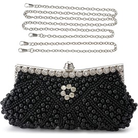 KharmLaddy Women Pearl Clutch Purse Rhinestone Formal Evening Clutch Bag Wedding Beaded Shoulder Bag for Prom Black