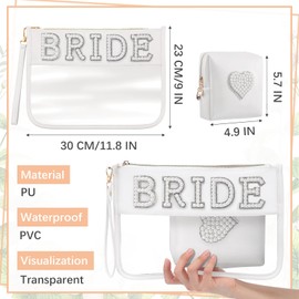Locmeo 2 Pcs Bride Bag Makeup Bag Bride Gift Cosmetic Bag Pearl Letter Bags Portable PU Leather Mrs Clear Waterproof Bling Travel Purse Zipper Pouch Handy Coin Purses for Girls Women(Bride)