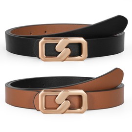 TRIWORKS Women Skinny Reversible Leather Belt for Jeans, Ladies Thin Waist Belt with Gold Buckle 0.9" Width, D-Black/Brown