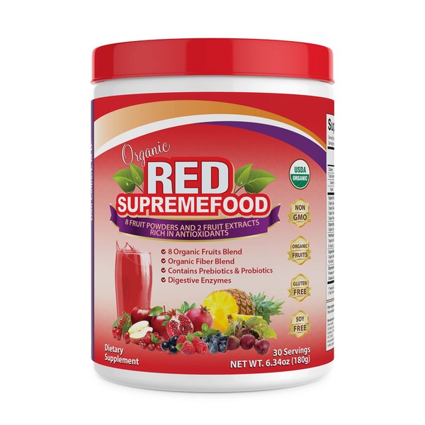 Divine Health Organic Red Supremefood® | 10 Organic Fruits + Probiotics, Enzymes, Herbs, Fiber & Antioxidants | Non-GMO Berry Flavored Blend | (180g) (30 Day Supply)