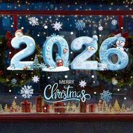 2026 Christmas Window Clings,1sheet New Years Eve Window Decorations,Light Blue Snowflake Ice DIY Double-Sided Window Stickers Suitable for Windows Glass Door Home Office
