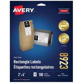 Avery 2" x 4" Shipping Labels with TrueBlock Technology for Laser/Inkjet Printers, White, Rectangle, 100 Labels, Permanent (8923) Made in Canada