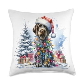 Watercolor German Wirehaired Pointer Dog Christmas Lights Throw Pillow