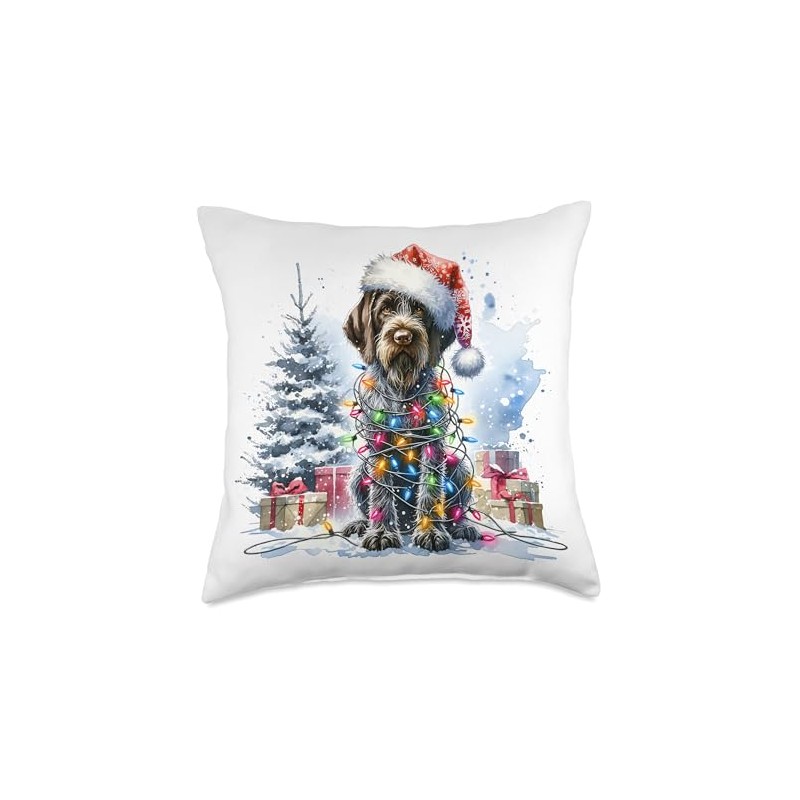 Watercolor German Wirehaired Pointer Dog Christmas Lights Throw Pillow