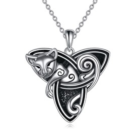 POPLYKE Celtic Cat Necklace for Women 925 Sterling Silver Celtic Trinity Knot Necklace Wiccian Jewelry Gifts for Girls Birthday Gifts