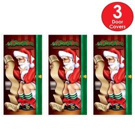 Beistle Santa Restroom Door Covers, 5’ x 30”, 3 Pieces – Festive Funny Winter Decor – Easily Display – Jolly Santa Bathroom Accessories - for Christmas Parties & Holiday Decorations