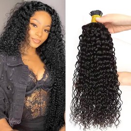 I Tip Human Hair Extensions Long Curly 24 Inch Microlink Beads Human Hair Extensions 50 Strands/Pack Remy I Tips Hair 50G #1B Natural Black