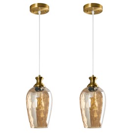 LBSQJ Glass Pendant Lights Kitchen Island 2 Pack 5.9" Amber Hammered Glass Pendant Light Gold Kitchen Pendant Lighting Over Sink Modern Bedroom Dining Room Hanging Light Fixture