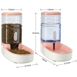 Automatic Dog Cat Feeder and Water Dispenser Gravity Food Feeder and Waterer Set with Pet Food Bowl for Small Medium Dog Puppy Kitten, Large Capacity 1 Gallon x 2(Pink)