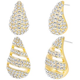 2 Pairs Hoop Earrings for Women, Lightweight Hollow Gold Hoops. 14k Gold Rhinestone Teardrop Hoop Earrings Chunky Waterdrop Earrings Set