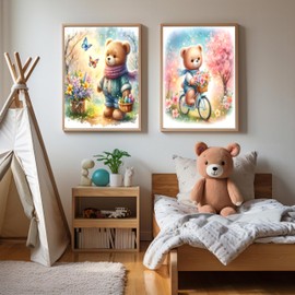 Baby Room Wall Art Prints; Teddy Bears Nursery Décor; Kids Room Decorations; Gender Neutral Art; Baby Shower Gift, Unframed Wall Art, Baby Room Decor, Woodland Animals (Set of 4) 8 in. x 10 in.