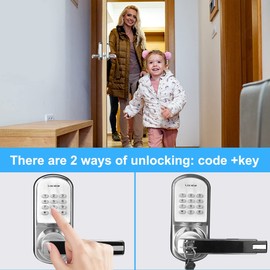 Keyless Entry Handle Door Lock with Keypad Smart Locks for Front Door with Backlit Password Push Button Electronic Deadbolt Lock with Keypad Weatherproof Silver (Code+Key)【Left Handed Open】