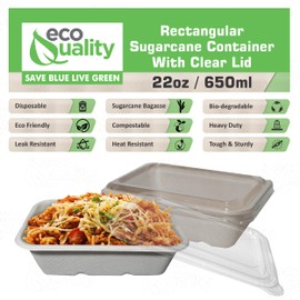 EcoQuality 22oz Disposable Bowls with Clear Lids - Rectangular Compostable Sugarcane Fiber Biodegradable Paper Bowls Eco-Friendly Take Out Food Storage Containers, Microwave Safe, Meal Prep (25)