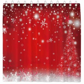 Funnytree Christmas Shower Curtain Bathroom Red Xmas Snowflake New Year Winter Home Bathtubs Curtain Decoration Set with 12 Hooks Easy Care Waterproof Washable Soft Durable Polyester Fabric 72"x72"