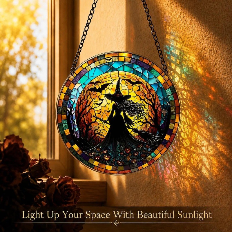 Sun Catchers For Windows, Moon & Witch Gothic Stained Glass