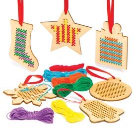 Baker Ross AC505 Christmas Wooden Decoration Cross Stitch Kits (Pack of 6), Assorted