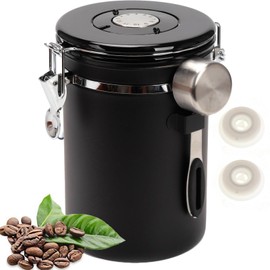 SUEIANNMN1.8L Coffee Canister Airtight, 26oz Coffee Storage Container Stainless Steel Air Tight Coffee Jar with Scoop, Date Tracker, 2 Extra CO2 Release Valve for Beans Ground Tea Flour Sugar (Black)