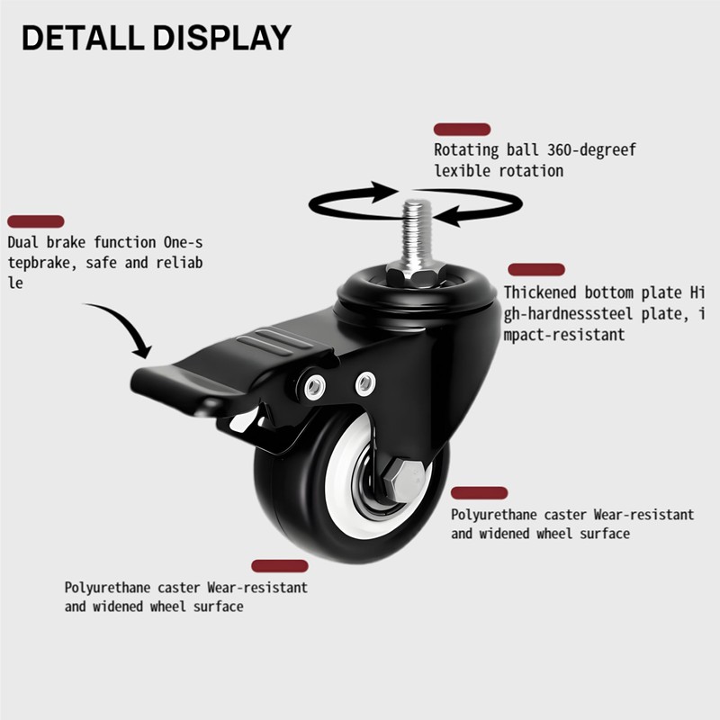 Heavy Duty Swivel Caster Wheels with Dual Brake, 2-in M8x15mm,