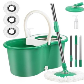 Spin Mop Bucket with Wringer Set, Operable 360 ° Rotating Mop Bucket Set, with 3 Microfiber Replacement Head ,Stainless Steel Mop Bucket 61 Inch Adjustable Handle Household Cleaning Tools Black Plastic:_Green