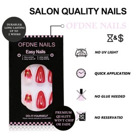 Wine Red Press on Nails Medium Almond OFDNE Fake Nails False Nails with Designs Red Flower Elegant Full Cover Glossy Glue on Nails Stick on Nails Acrylic Nails for Women Girls 24 Pcs