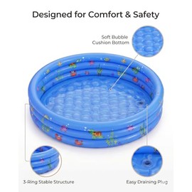 Baby Pool for Toddlers 1-3 with Bubble Bottom, Inflatable Kiddie Pool for Kids with Easy Drain Plug, Small Blow Up Pool for Backyard Summer Water Play, Durable Kids Swimming Pool (Blue)